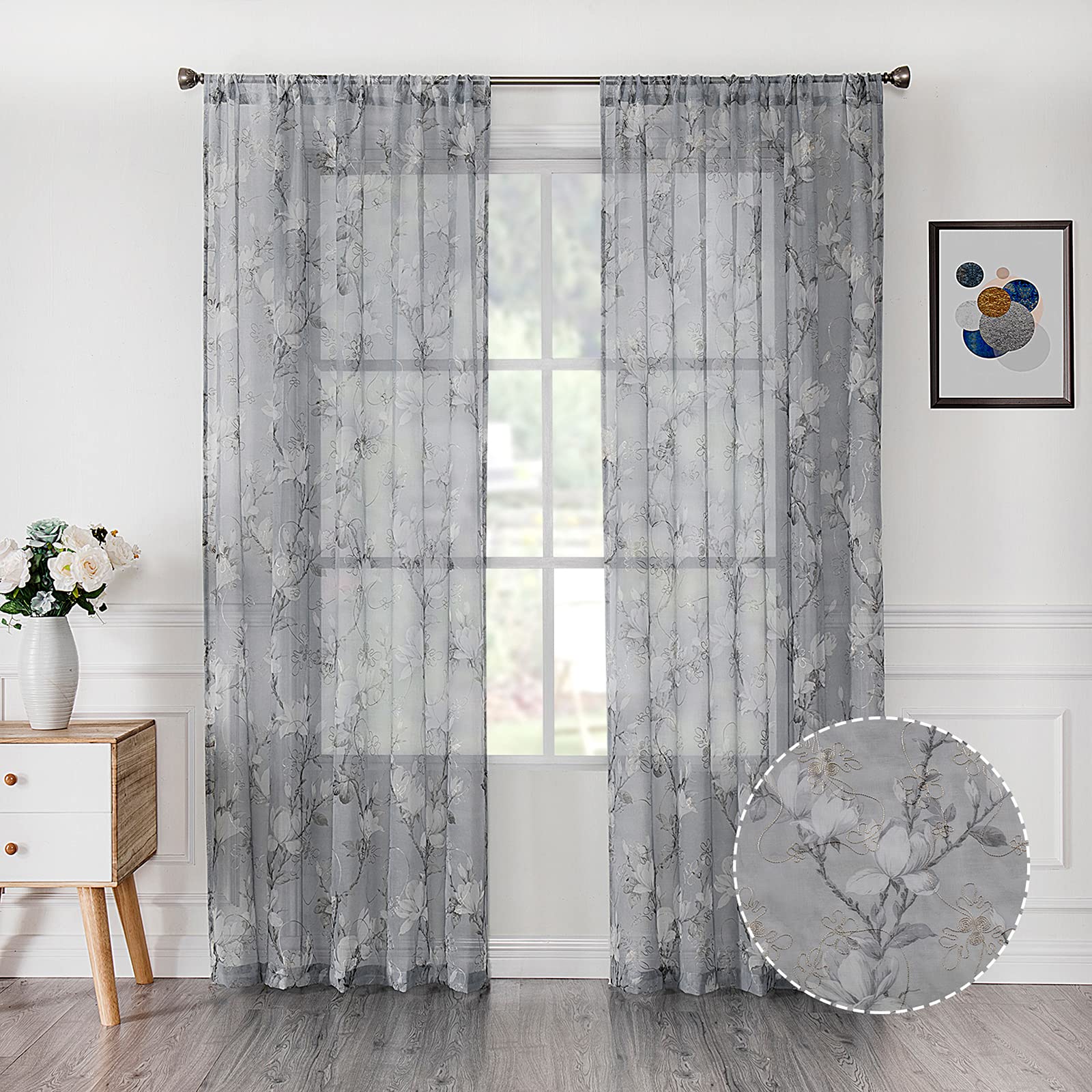 Tollpiz Floral Grey Sheer Curtains Flower Print Vine Embroidery Bedroom Curtain Rod Pocket Voile Window Curtains for Living Room, 54 x 63 inches Long, Set of 2 Panels