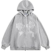 Aelfric Eden Womens Lace Bow Zip Up Hoodies Embroidery Graphic Print Hooded Y2K Fashion Oversized Casual Sweatshirts Jackets