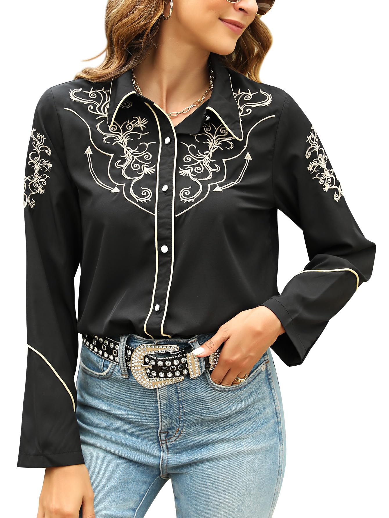 Photo 1 of Western Shirts for Women Cowgirl Sexy Dressy Long Sleeve Black Embroidered Button Up Ladies Blusas Vaqueras para Mujer Womens Cowboy Shirt Cowgirls Outfits Country Style Wear Rodeo Clothes Black