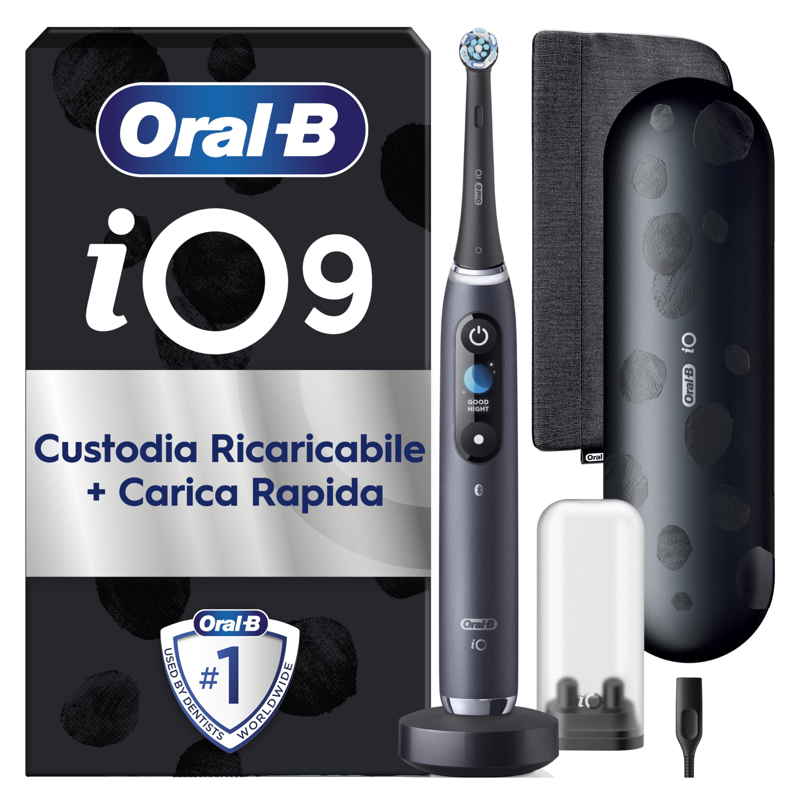 Oral-B Spazzolino Elettrico Ricaricabile iO 9 Nero Edizione Limitata, 1 Testina Di Ricambio per Spazzolino Elettrico Oral B, Custodia Da Viaggio, Astuccio Magnetico