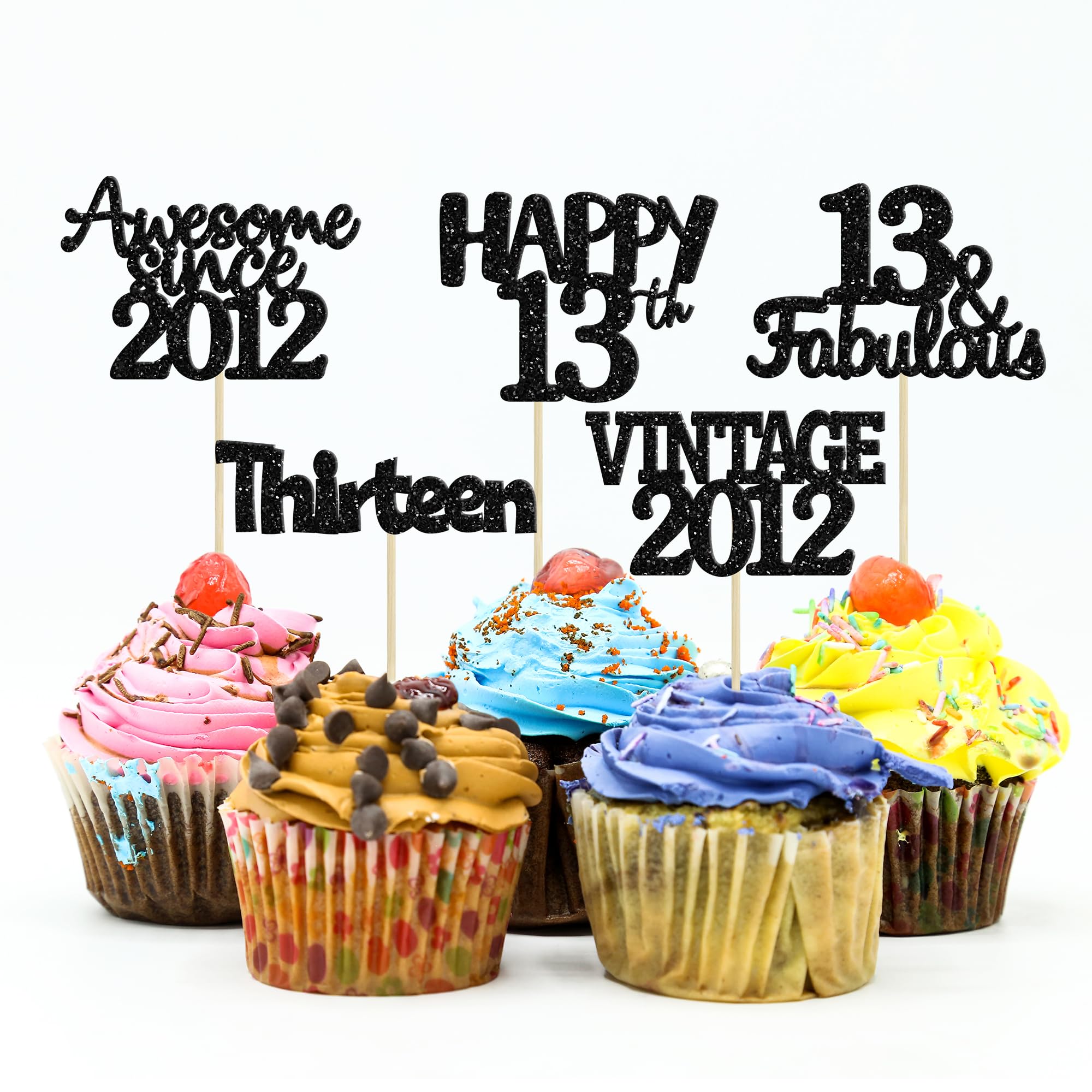 Gyufise 30Pcs Vintage 2012 Cupcake Toppers Glitter Thirteen Happy 13th Cupcake Picks Happy 13th Birthday Cake Decorations for Happy 13th Birthday Anniversary Party Supplies Black