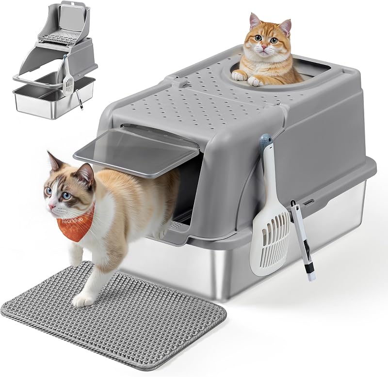 Areia para gatos, aço inoxidável para gatos com tampa rebatível, cinzento-pomba