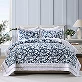 PERHOM 100% Cotton King Quilt, King Size Quilt with 2 Pillow Shams, Blue and White Floral Pattern, Lightweight Soft Comforter, Farmhouse Quilted Bedspread Bedding Set, 3 Piece