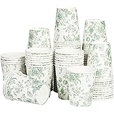 Elyxio 100Pcs Floral Paper Cups Sage Green Flowers Paper Cups 9oz Disposable Green and White Toile Chinoiserie Drinking Cups for Bridal Baby Shower Birthday Party Supplies