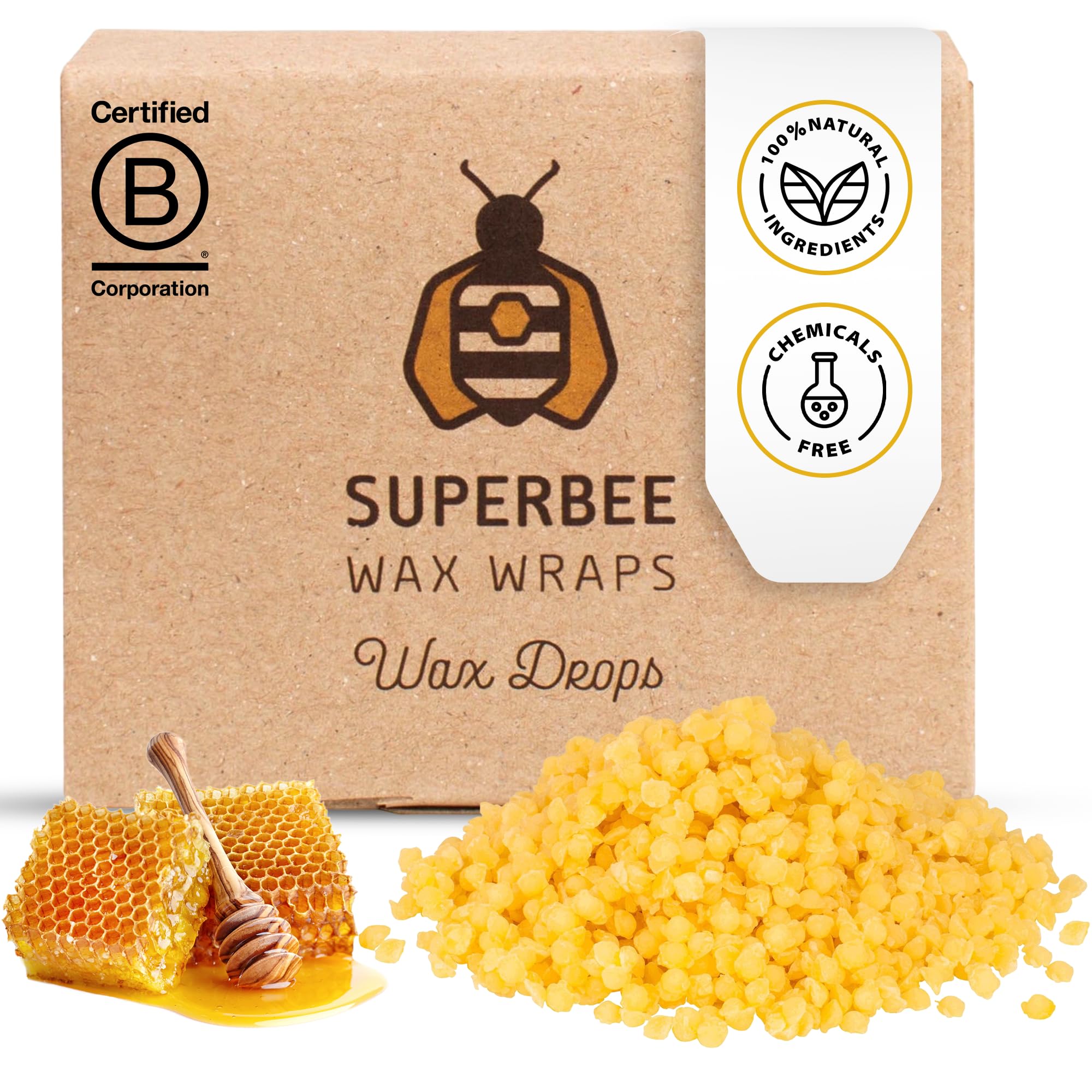 SuperBee Beeswax Drops for Wraps – DIY Kit with Tree Resin & Coconut Oil, Makes Up to 12 Beeswax Wraps, 100g Pack of Drops for Easy Melting & Spreading, Great for Homemade Food Covers