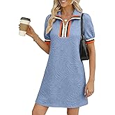 BLENCOT Summer Dresses for Women Casual Half Zip V Neck Short Sleeve Mini Sweatshirt Dress with Pockets