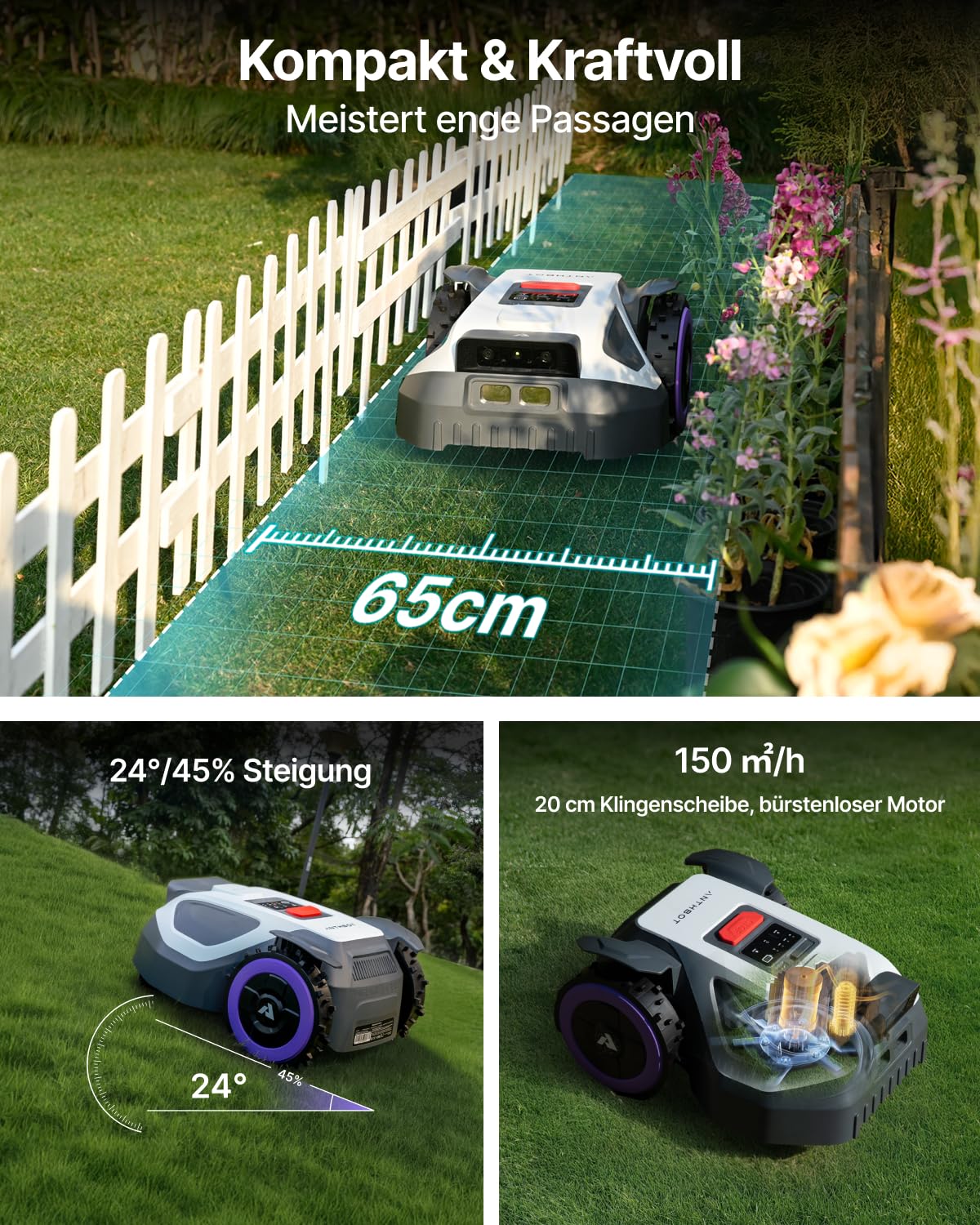 ANTHBOT M9 Mähroboter ohne Begrenzungskabel, Neuer Genie mit NRTK-Navigation & Dual-Vision, bis 900 m² (max. 1200 m²), Schnitthöhe per App, KI-Hindernisvermeidung, Rasenroboter mit 45% Steigung 8