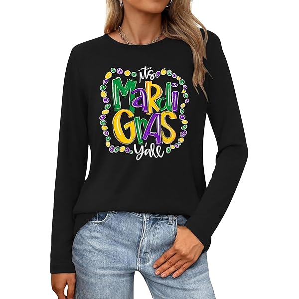 Women's Mardi Gras Shirt - Glitter Carnival Tee With LOVE Design, Cotton Blend, Fun Holiday Top