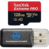 SanDisk 128GB Extreme Pro MicroSDXC Memory Card, Compatible with GoPro Max 2, Lit Hero, HERO13 Black, Ultra Wide (SDSQXCD-128G-GN6MA) V30 A2 Bundle with 1 Everything But Stromboli MicroSD &amp; SD Reader