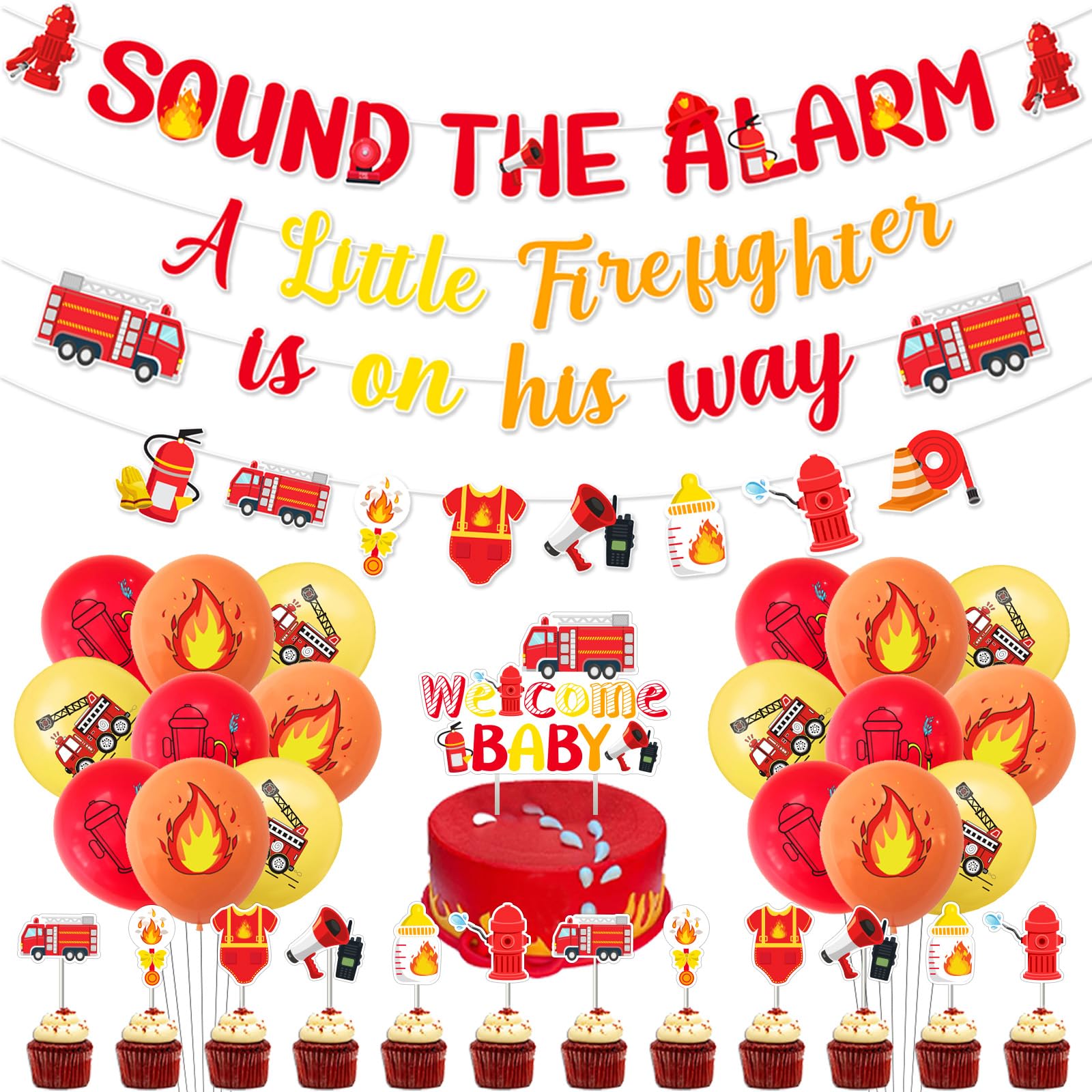 Photo 1 of Kreatwow Fire Truck Baby Shower Decorations Sound The Alarm A Little Firefighter Is On His Way Banner Garland Little Fireman Fire Truck Party Decor Welcome Baby Cake Topper Balloon for Gender Reveal