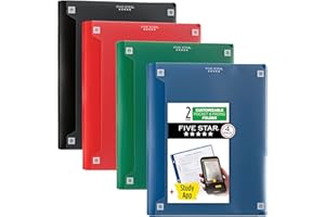 Five Star 2-Pocket Folder + Study App, 4 Pack, Plastic Folder with Prong Fasteners and Customizable Clear Cover, Holds 8-1/2" x 11" Paper, Black, Pacific Blue, Fire Red, Forest Green (340220A-ECM)