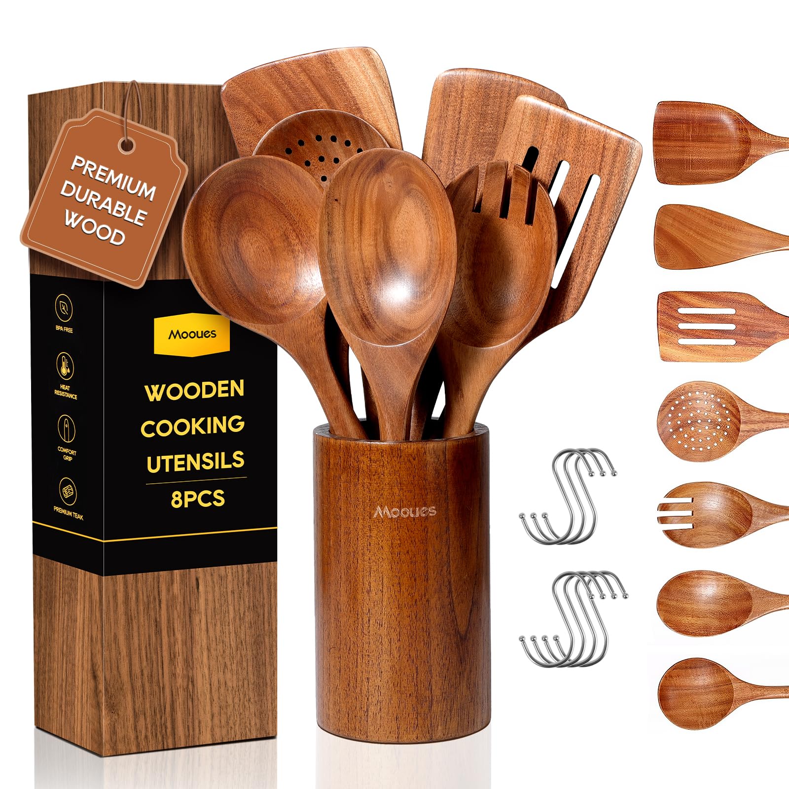 Wooden Spoons for Cooking, 8 PCS Teak Wood Cookware Utensil Set with Hooks - Smooth Finish, Non-Stick, Comfort Grip Cooking Spoons and Utensils Holder Image