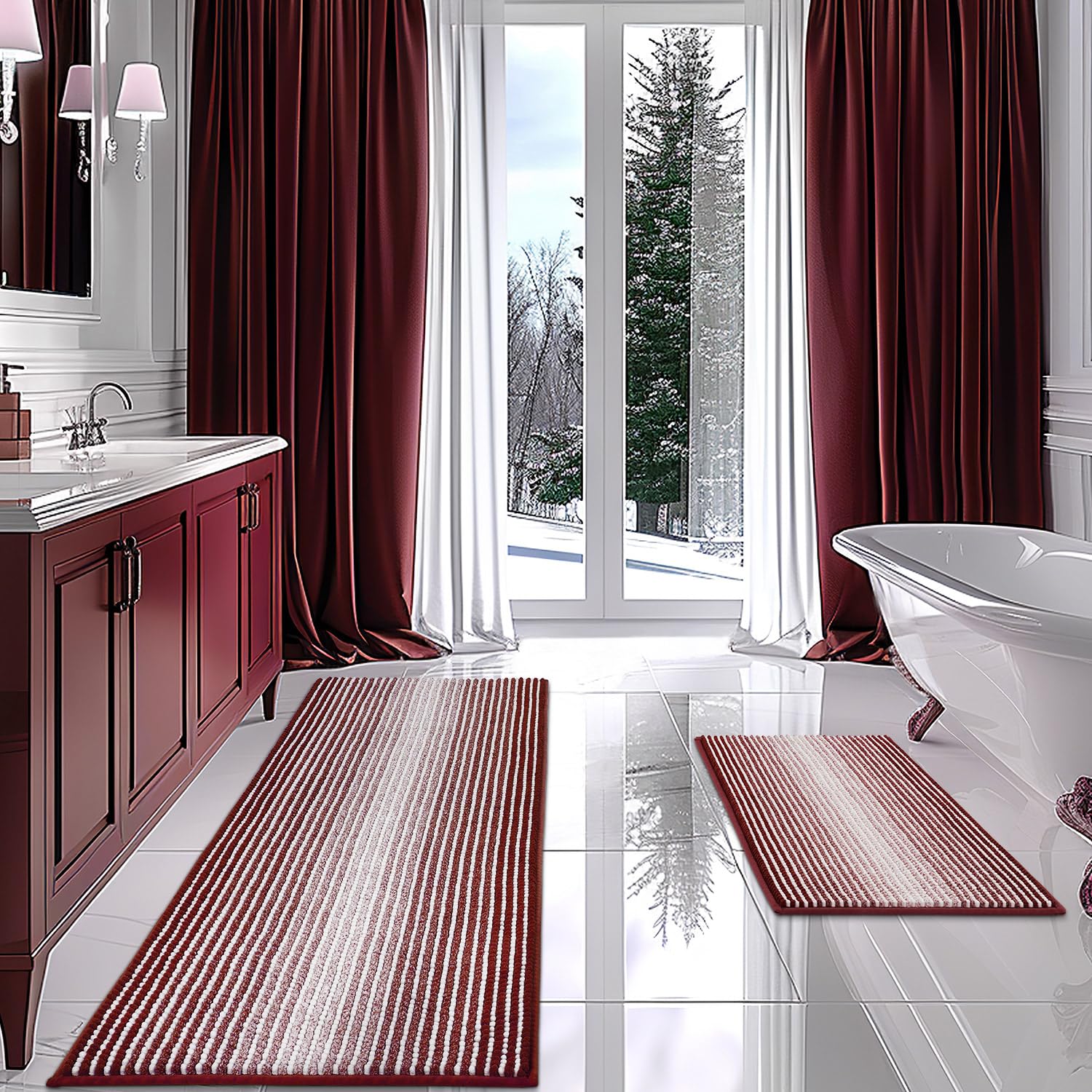 Photo 1 of Bathroom Rugs and Mats Sets, 2 Piece Thick Absorbent Chenille Bath Mat Rug Set Non Slip, Soft Shaggy Bath Room Floor Mats for Bathroom, Machine Washable (Burgundy Red, 20" x 60" Plus 20" x 32")