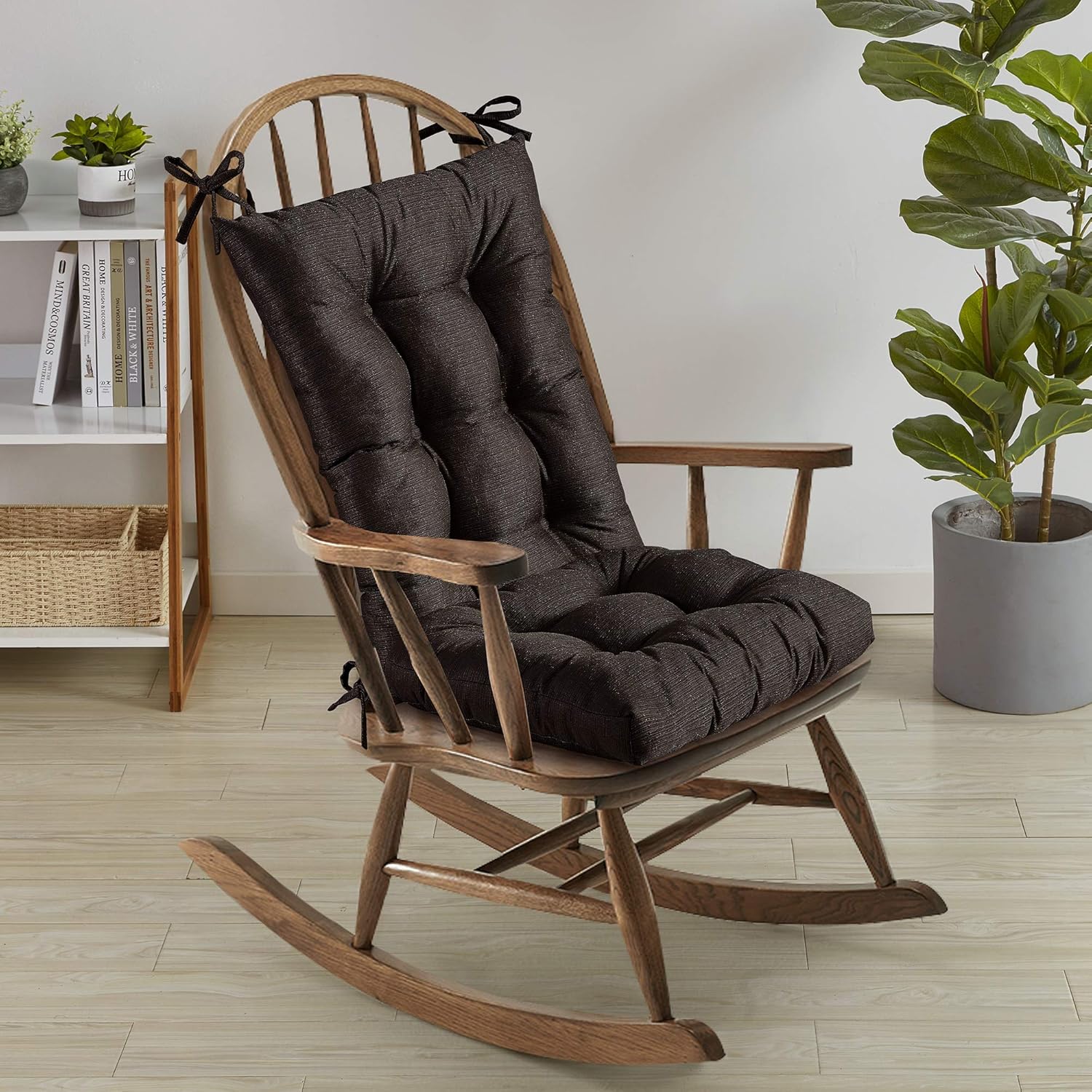 Sweet Home Collection Rocking Chair Cushion Premium Tufted Pads Non Skid Slip Backed Set of Upper and Lower with Ties, 21" X 17"/17" X 17", Brown