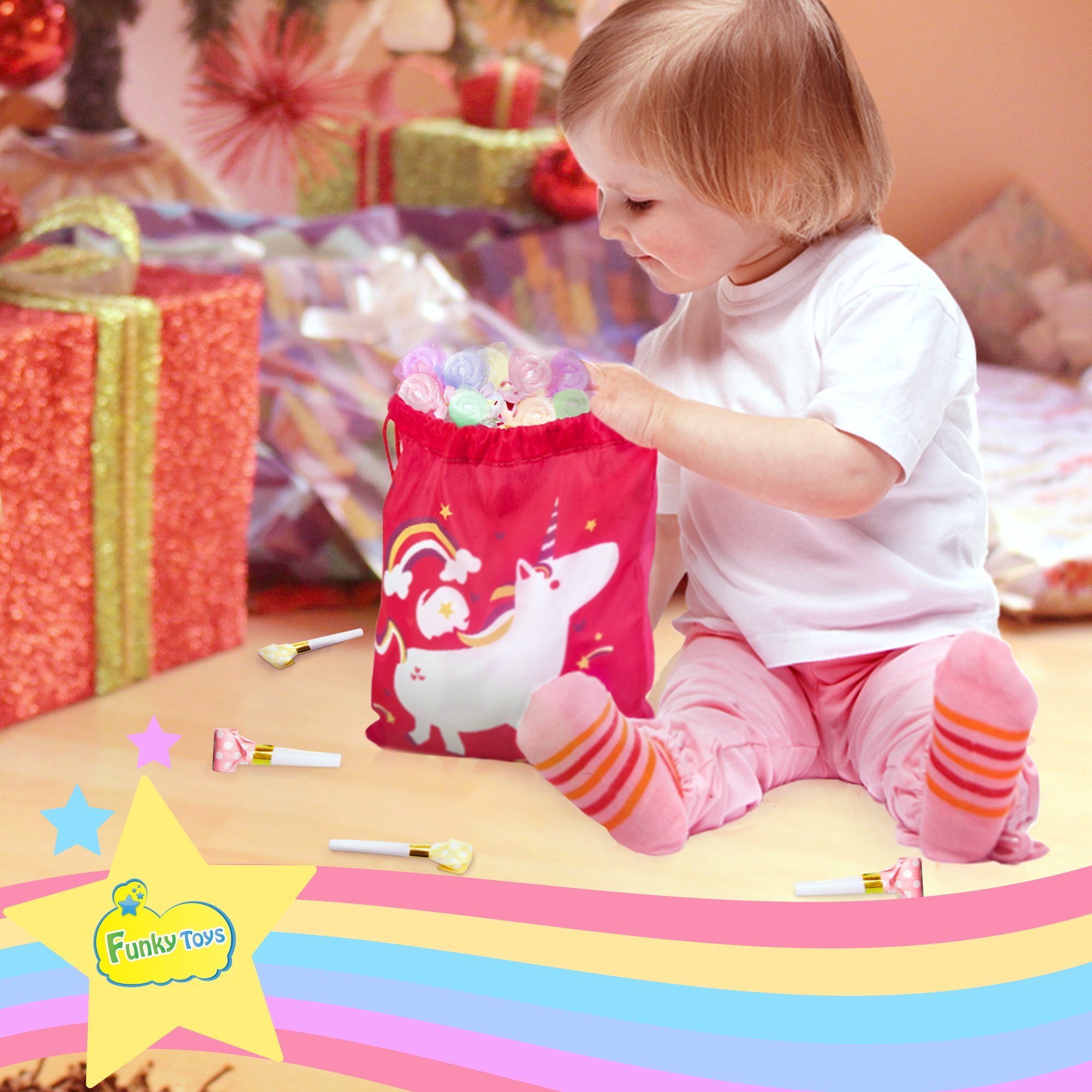 IPIDIPI TOYS Unicorn Party Favor Bags - Pack of 12 Reusable Small Drawstring Backpacks for Kids - Birthday Party Supplies Goodie Bag for Treats | Pink Gift Bag for Girls | Cute Design and Washable