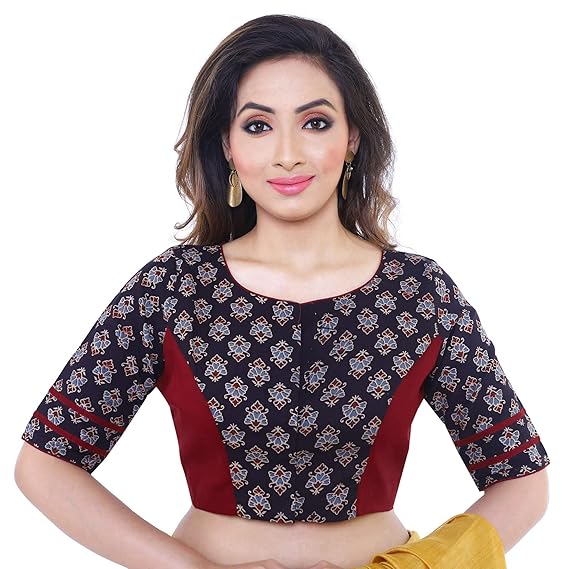 Women's Cotton Printed Stitched Blouse (D-005278-Black)