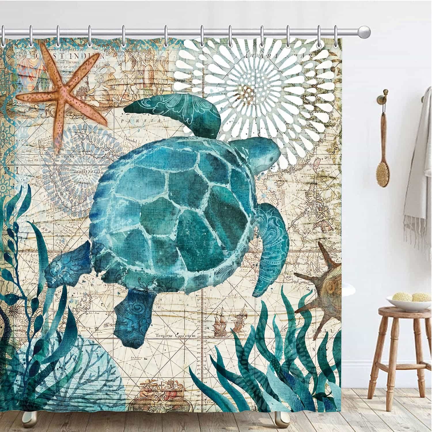 Hykiee Shower Curtain, 180 * 180cm (71x71Inch) Bathroom Curtains Mould and Mildew Resistant, 3D HD Waterproof Washable Polyester Animal White Wet Room Shower Curtain with 12 Hooks (Sea Turtles)