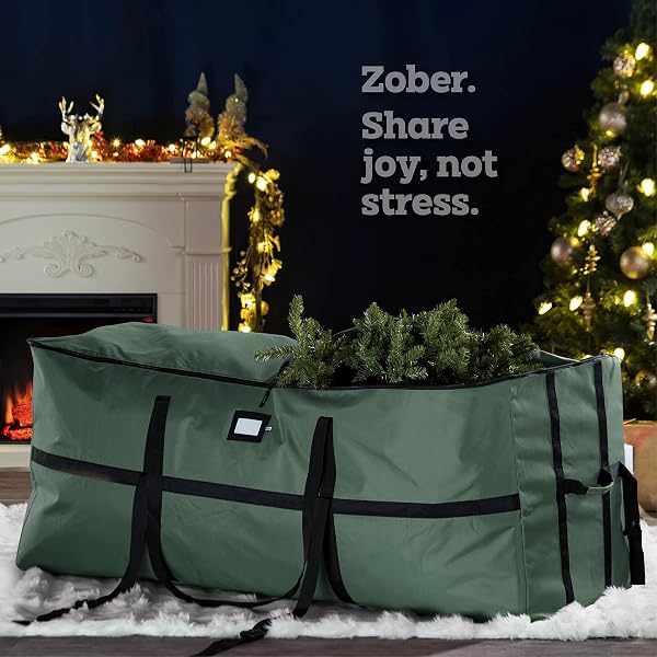 ZOBER WIDE CHRISTMAS TREE STORAGE BAG – MAXIMUM ACCESSIBILITY – FITS 9 FT TREES – 600D OXFORD FABRIC CHRISTMAS TREE BAG FOR STORAGE BOX FOR XMAS – STRONG, DURABLE STRAPS & HANDLES – CARD SLOT – GREEN