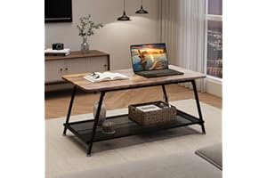 IDEALHOUSE Industrial Coffee Table with 2-Tier Storage Shelf, Rustic Brown Center Table for Living Room, Metal Frame & MDF Wo