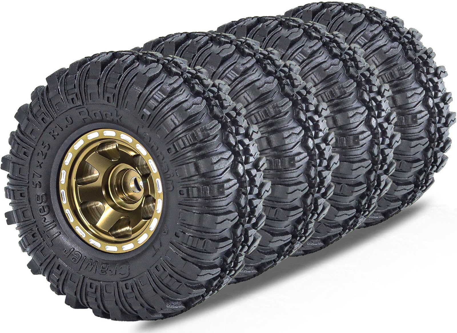 1.0 Beadlock Wheels and Tires Set 57 x 24 mm 1.0 inch Rubber Rock Crawler Tires & Alloy Blade Wheels for 1/18 1/24 Axial SCX24 TRX4M Gladiator Bronco C10 JLU Deadbolt RC Crawler Car Upgrade(Brown)