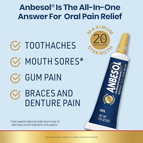 ANBESOL MAXIMUM STRENGTH GEL – INSTANT ORAL PAIN RELIEF, FOR TOOTHACHES, GUMS, BRACES, & DENTURE PAIN, AND MOUTH SORES*, CANKER SORE TREATMENT INSIDE MOUTH, ADA ACCEPTED, 0.33 OZ