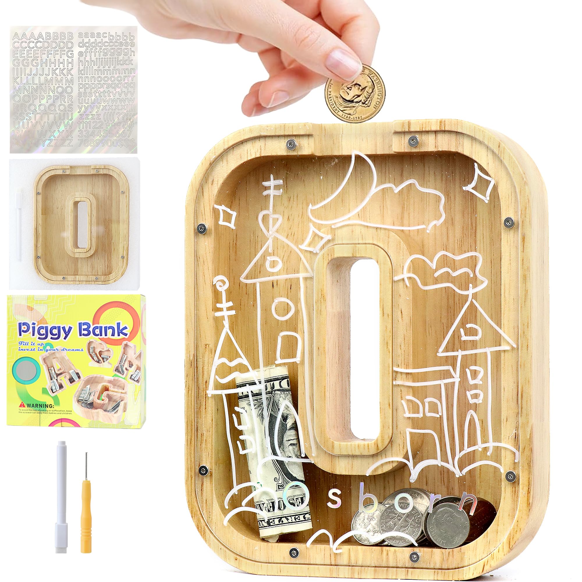 Mikytoper Money Box for Kids, Wooden Letter Piggy Banks for Kids, Personalized Money Box Clear Money Bank, Boys Girls Toddler Birthday Festival Gift (O)