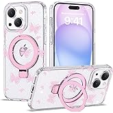 ETPESOK Compatible with iPhone 15 Plus Case Clear Pink Butterfly Pattern Design with Magnetic Ring Stand [Compatible with Mag-Safe] Cute Soft TPU Shockproof Protective Phone Case for Women, Pink