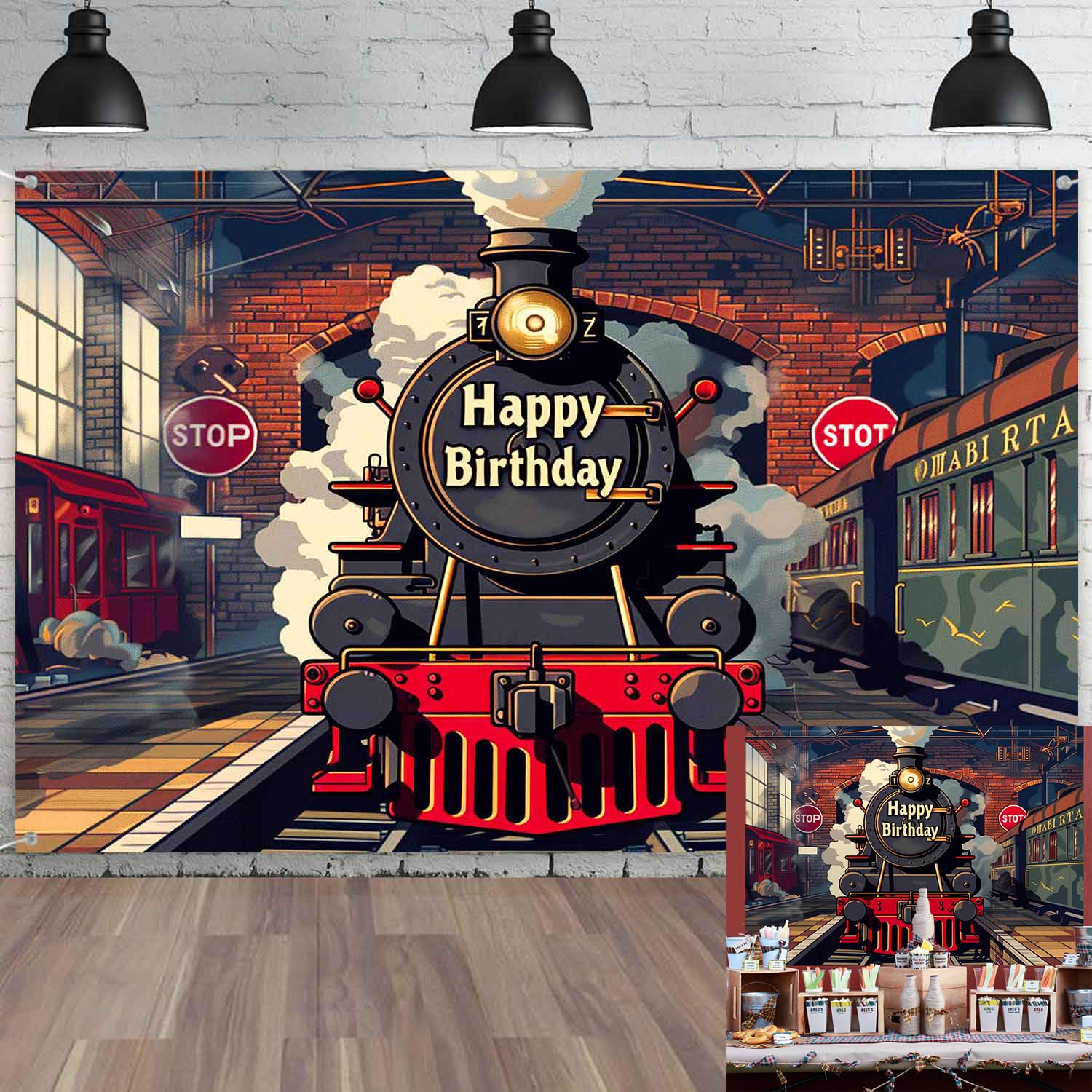 Photo 1 of TOAOFY 7x5ft Train Party Theme Backdrop Cartoon Train Backdrop Red Brick Wall Indoor Background Children Birthday Party Family Kids Portrait Photo Props TAYTKDJ104