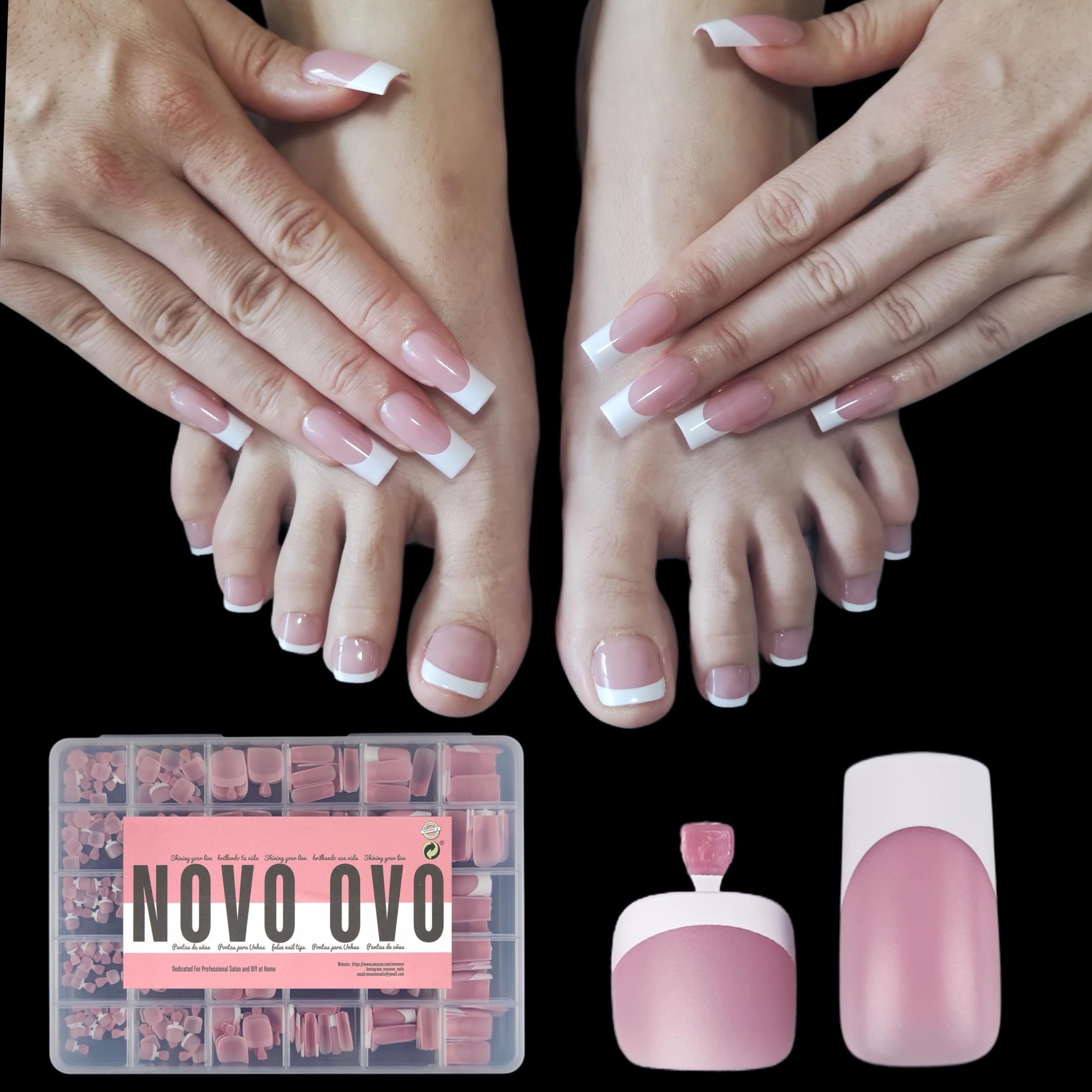 NOVO OVO French Tip Hand and Toe Nail Tips Press on kit, BERRY PINK Square Soft Gel Nail Extension, Square Round Toenails, Pre-applied Tip Primer & Base Coat, Full Cover Matte for DIY x 15 Sizes — image 1