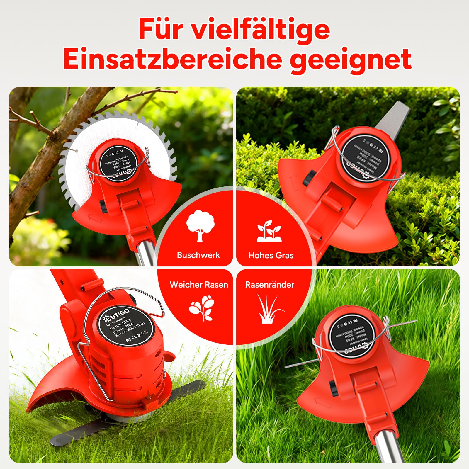 OUTIGO Akku Rasentrimmer mit Akku, Rasenkantenschneider mit 2 Akkus 21V und 4 Messertypen+1 Gartenschere, Verstellbarer Teleskop-Führungsholm Desbrozadoraeléctrico inalámbrico (Rot-FBA) 7