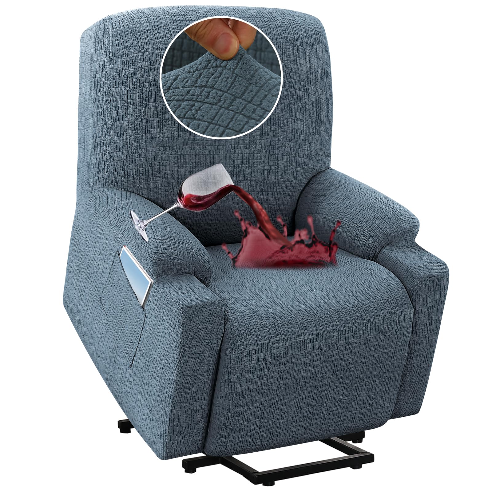 Photo 1 of H.VERSAILTEX 100% Waterproof Stretch Recliner Cover Electric Power Lift Recliner Chair Cover for Elderly People with Side Pocket, Soft Thick Jacquard Medium, Stone Blue