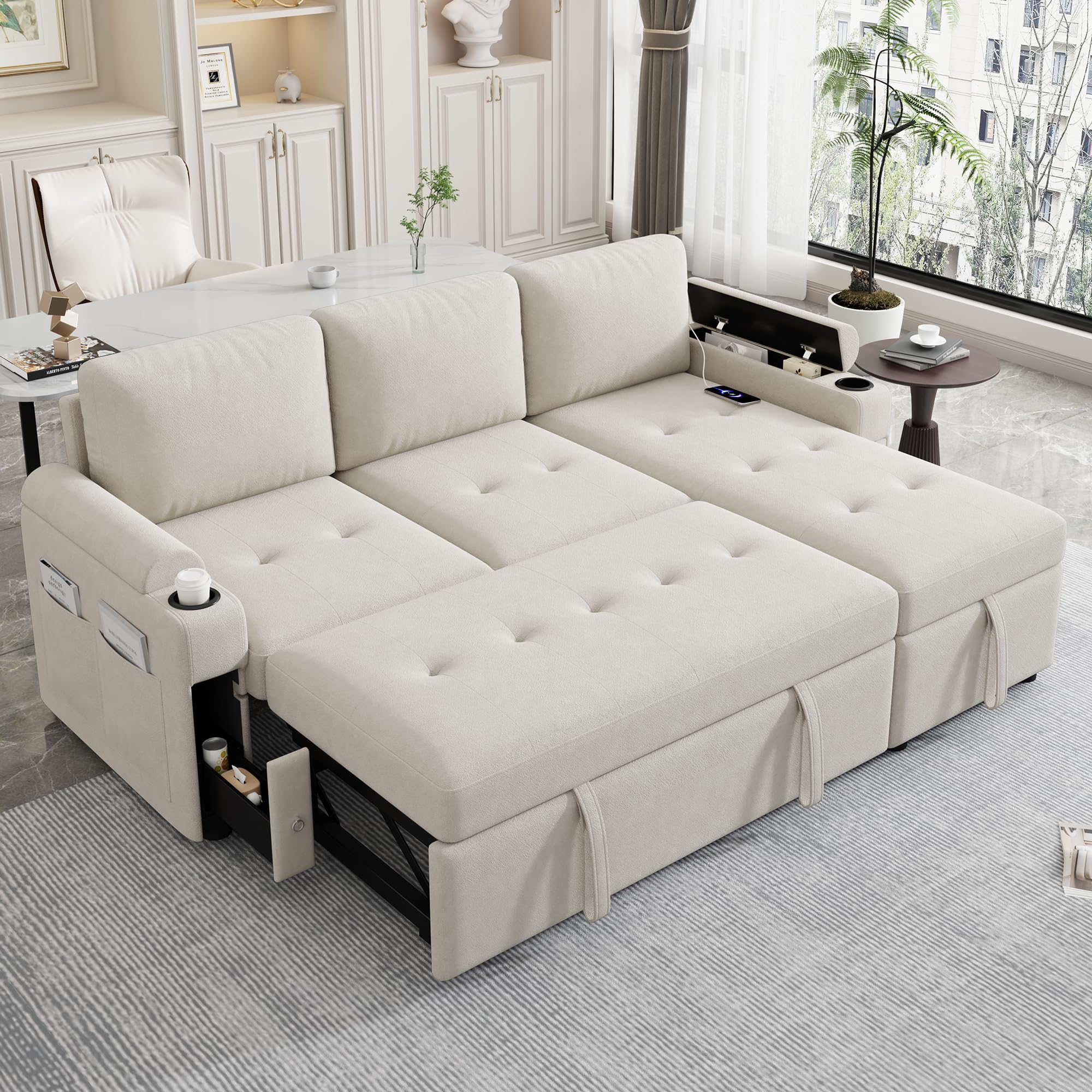 Photo 1 of ***********INCOMPLETE ITEM, THIS IS ONLY BOX #3 OUT OF 3************
Ball & Cast 83.5" L-Shaped Convertible Sofa Bed,Chenille Fabric Sectional Couch with Reversible Storage Chaise Lounge and 2 Cup Holders and 2 USB Ports,Comfy Sofabed for Living Room,Beig