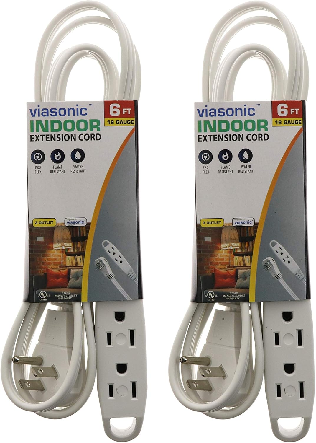 New Viasonic Indoor Extension Cord Flat Plug 3 x 3Wire Grounded