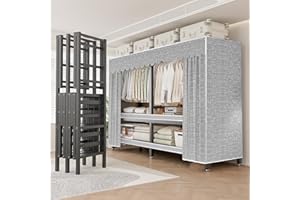 FKKPRVAX 59in Foldable Portable Closet Wardrobe on Wheel 2000Ibs Heavy-Duty Clothe Rack with Cover Freestanding Metal Clothing Rack Armoire Storage System Rolling Garment Racks (150CM/59IN)