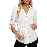 GRACE KARIN Womens Button Down Shirts, 3/4 Sleeve Dressy Casual Outifts, V Neck Peplum Tops with Pockets
