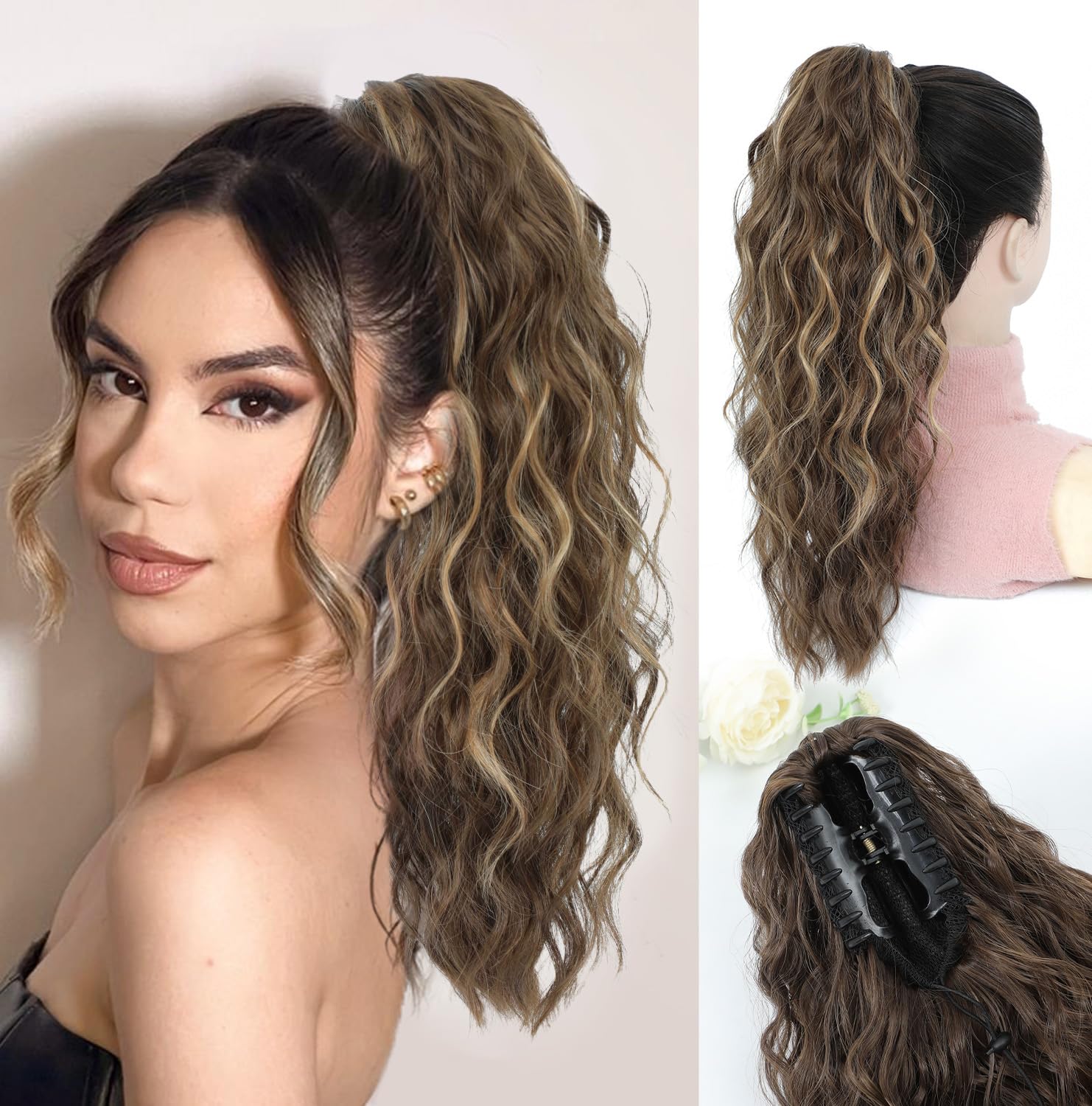 FINE PLUS Ponytail Extension Claw Synthetic Curly Wavy Claw Clip in Ponytail Hair Extensions 18INCH Curly Ponytail Extension Hair Hairpieces for Daily Party Use Dark Cool Brown Color — image 1