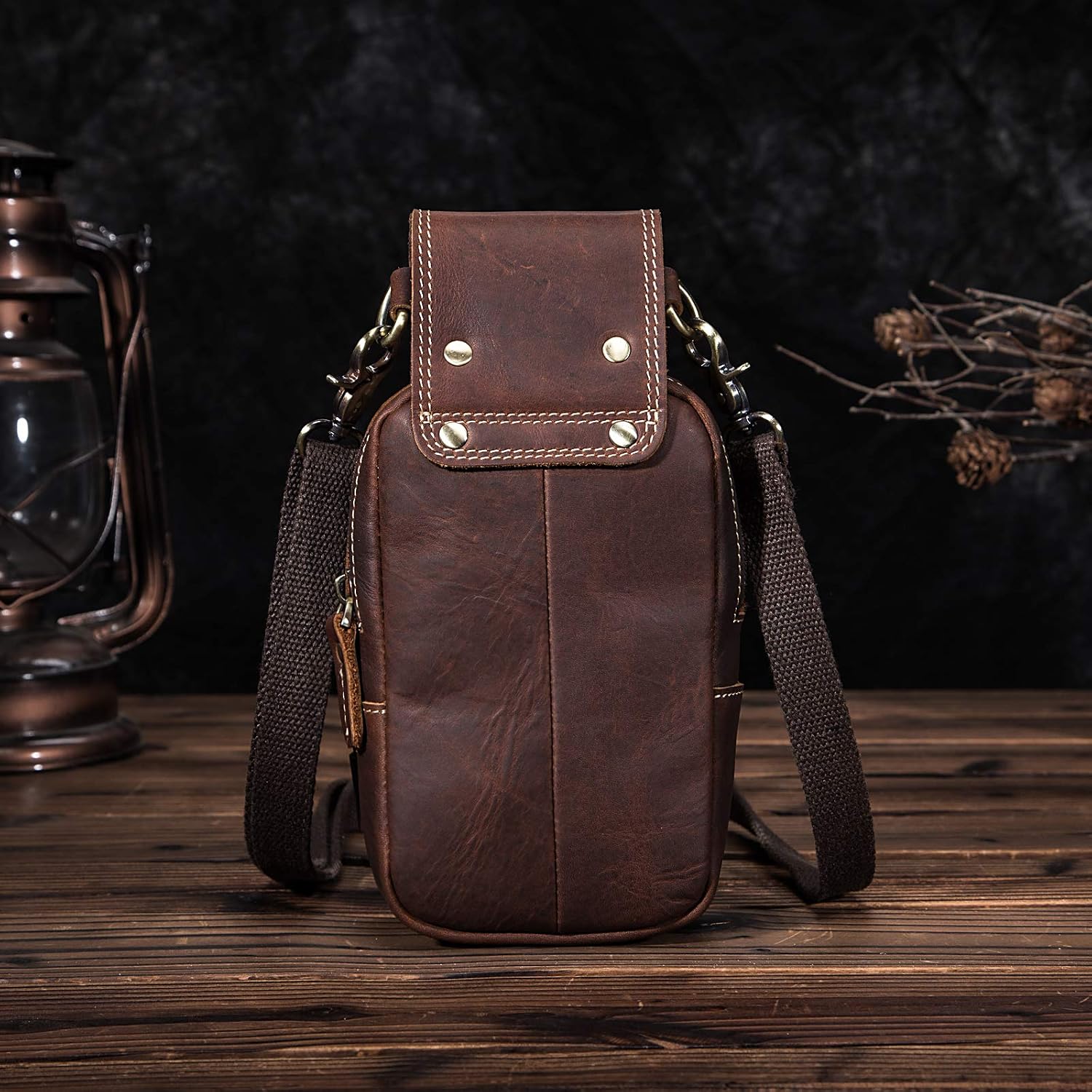 Le'aokuu Mens Genuine Leather Coffee Small Messenger Shoulder Satchel Waist Bag Pack (832 Dark Brown), V832 Db - Image 5