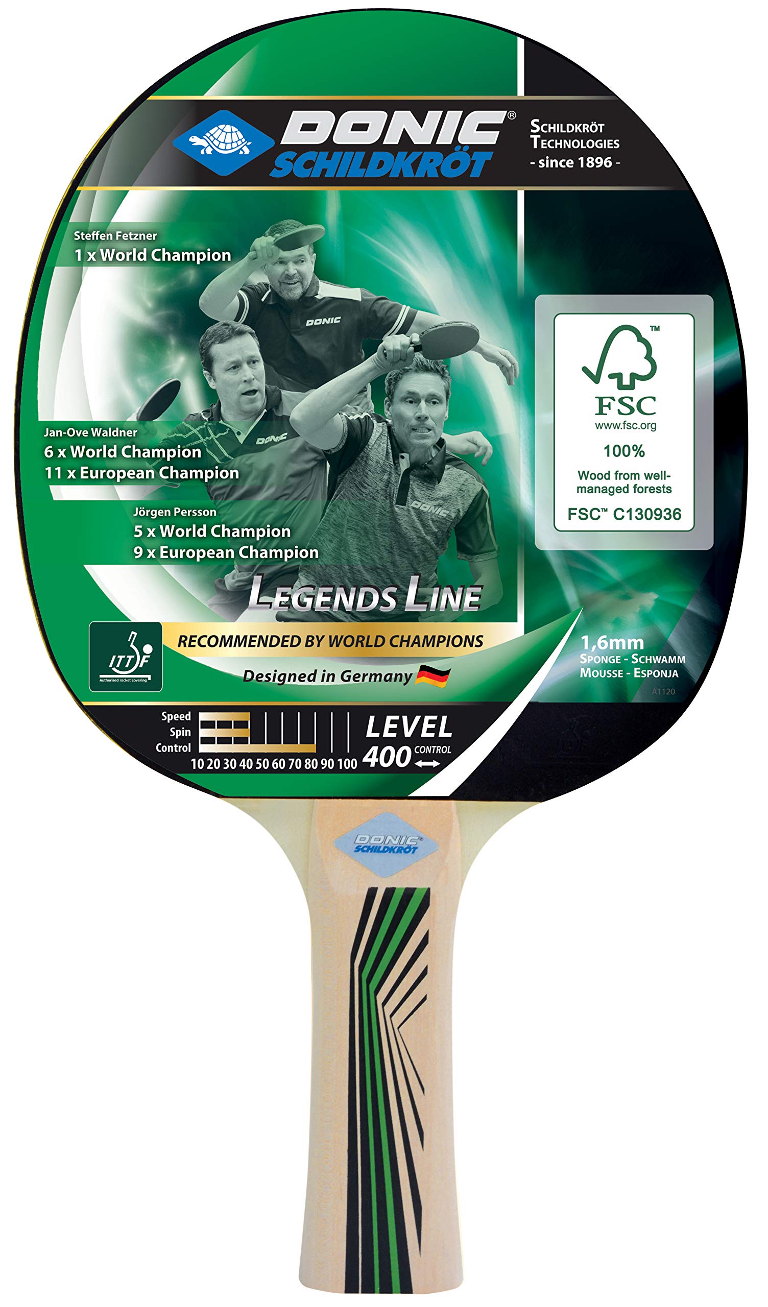 Donic-Schildkröt Legends 400 FSC Table Tennis Bat, 1.6 mm Sponge, FSC Wood, Jade - ITTF Rubber, 705241