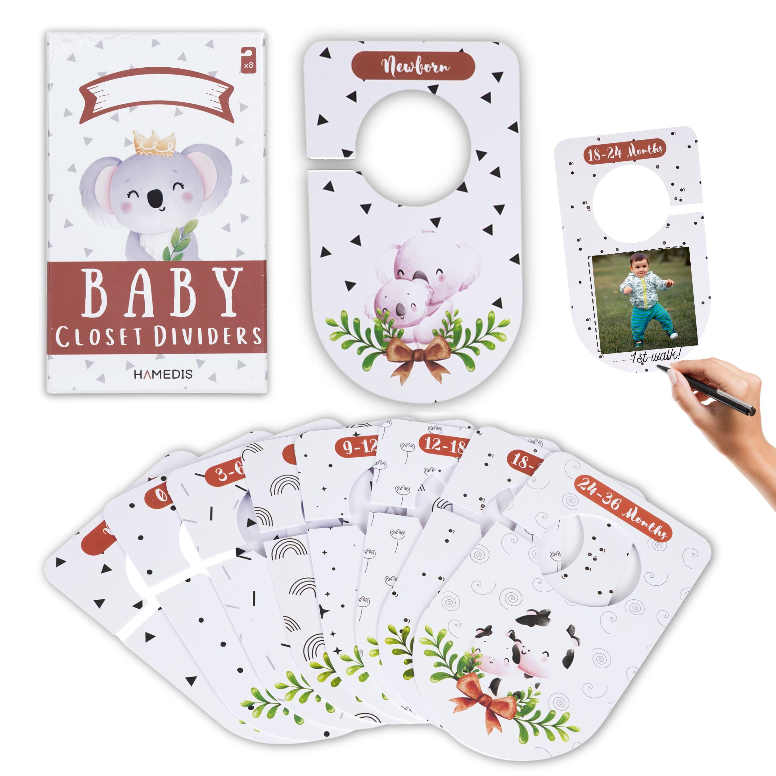Hamedis Customisable Wardrobe Dividers - 8 x Unisex Baby Closet Organiser Hangers (Newborn to 36 Months) - Personalise with Baby Picture - Keepsake Storage Box (Dividers Only) …