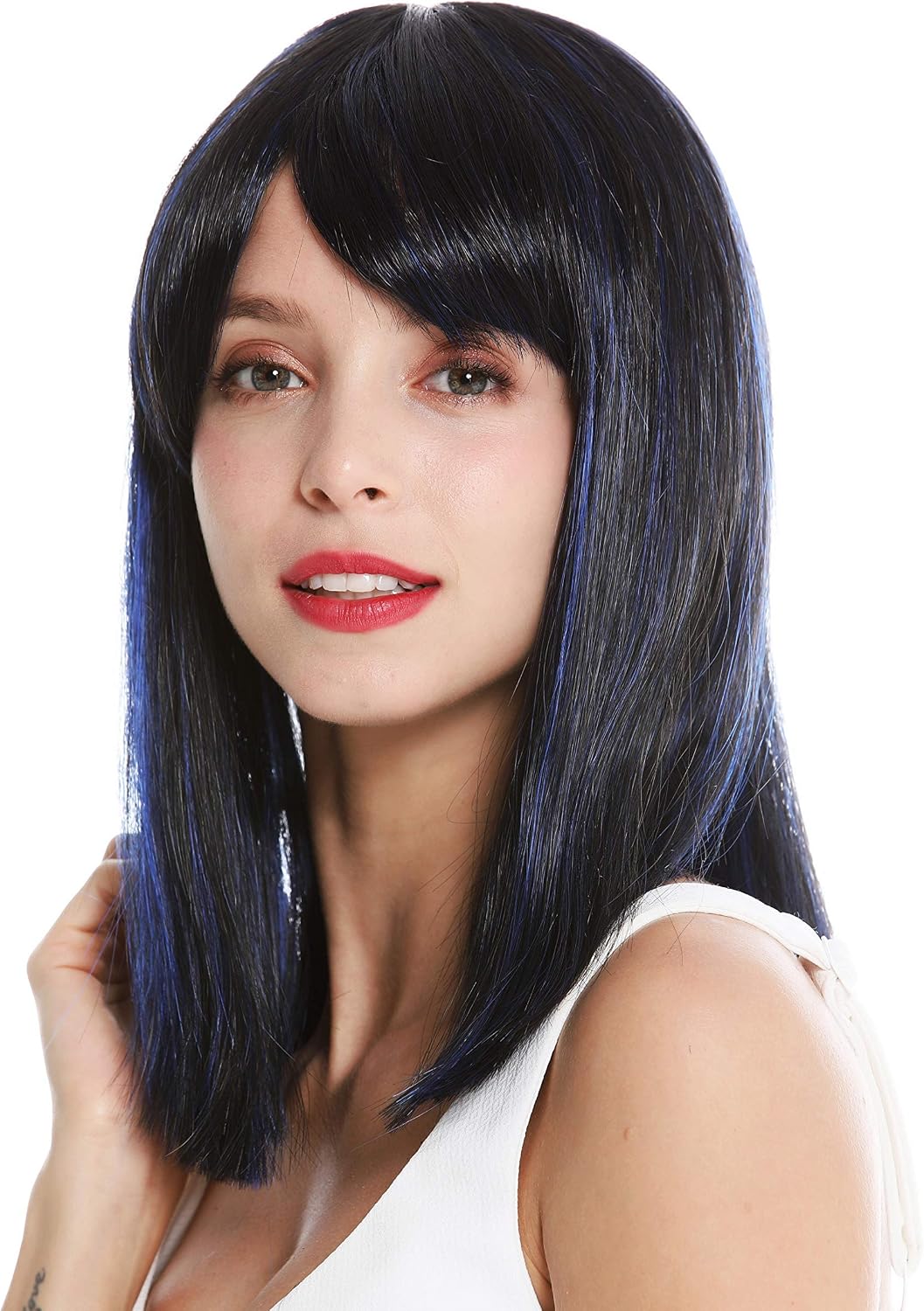 WIG ME UP - VK-5-1BHF22 quality women's wig shoulder length sleek longe fringe parted black highlights blue highlights - Image 4