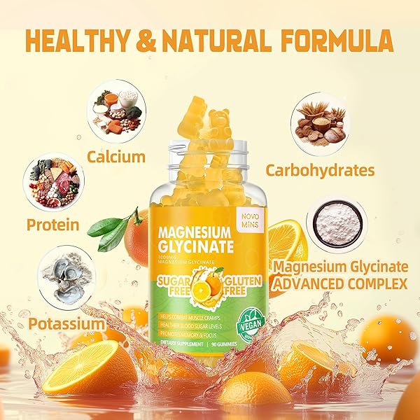 NOVOMINS 180 CT MAGNESIUM GLYCINATE GUMMIES 1000MG – SUGAR FREE MAGNESIUM POTASSIUM SUPPLEMENT WITH VITAMIN D, B6, COQ10 FOR CALM MOOD & SLEEP SUPPORT – 180 ORANGE GUMMIES