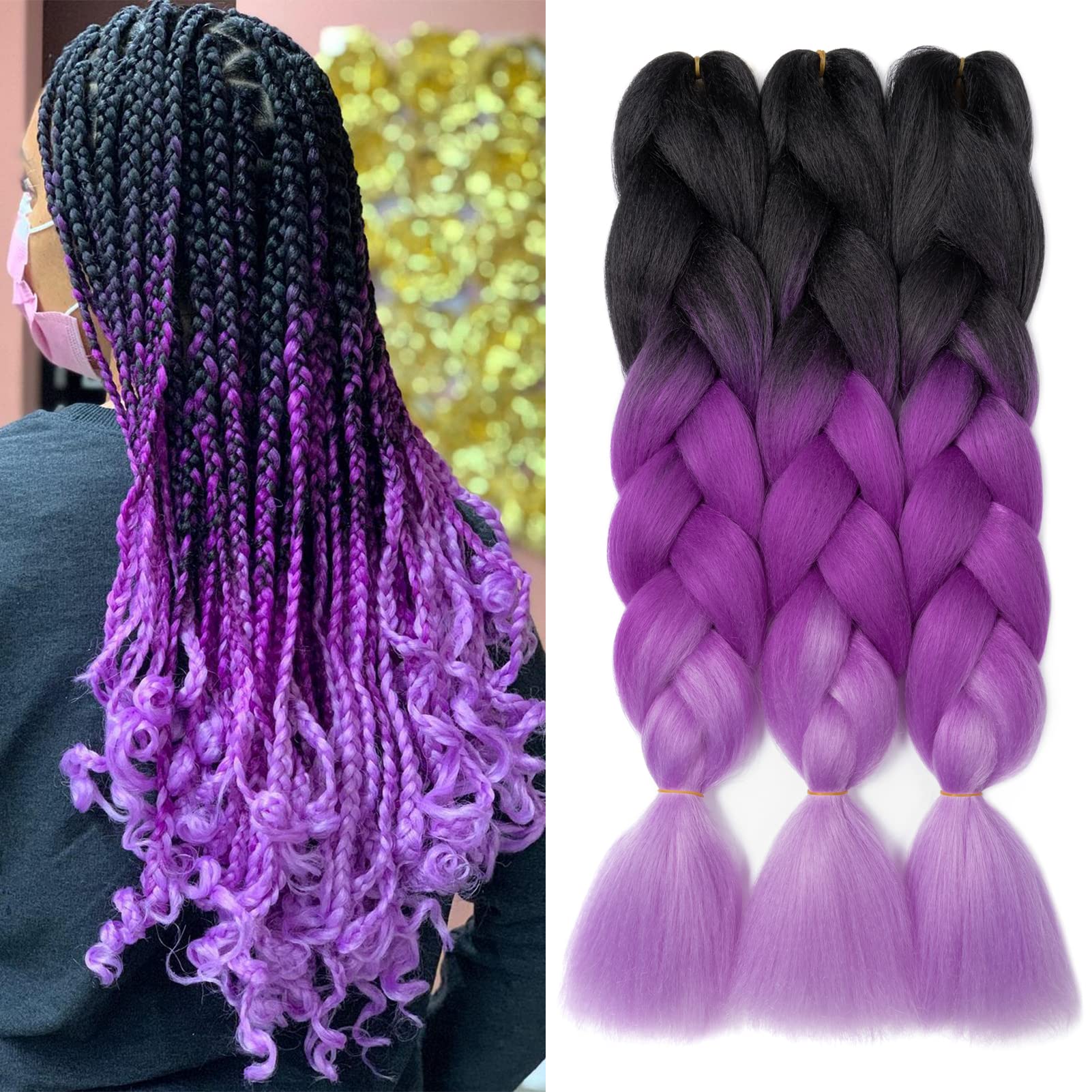 Gairyan Braiding Hair Extensions Ombre Jumbo Braids Synthetic Hair 3 Packs 24 inches 300g Coloured Hair for Braiding Extensions Box Braids Crochet Twist (Black-Purple-Light Purple) โ image 1