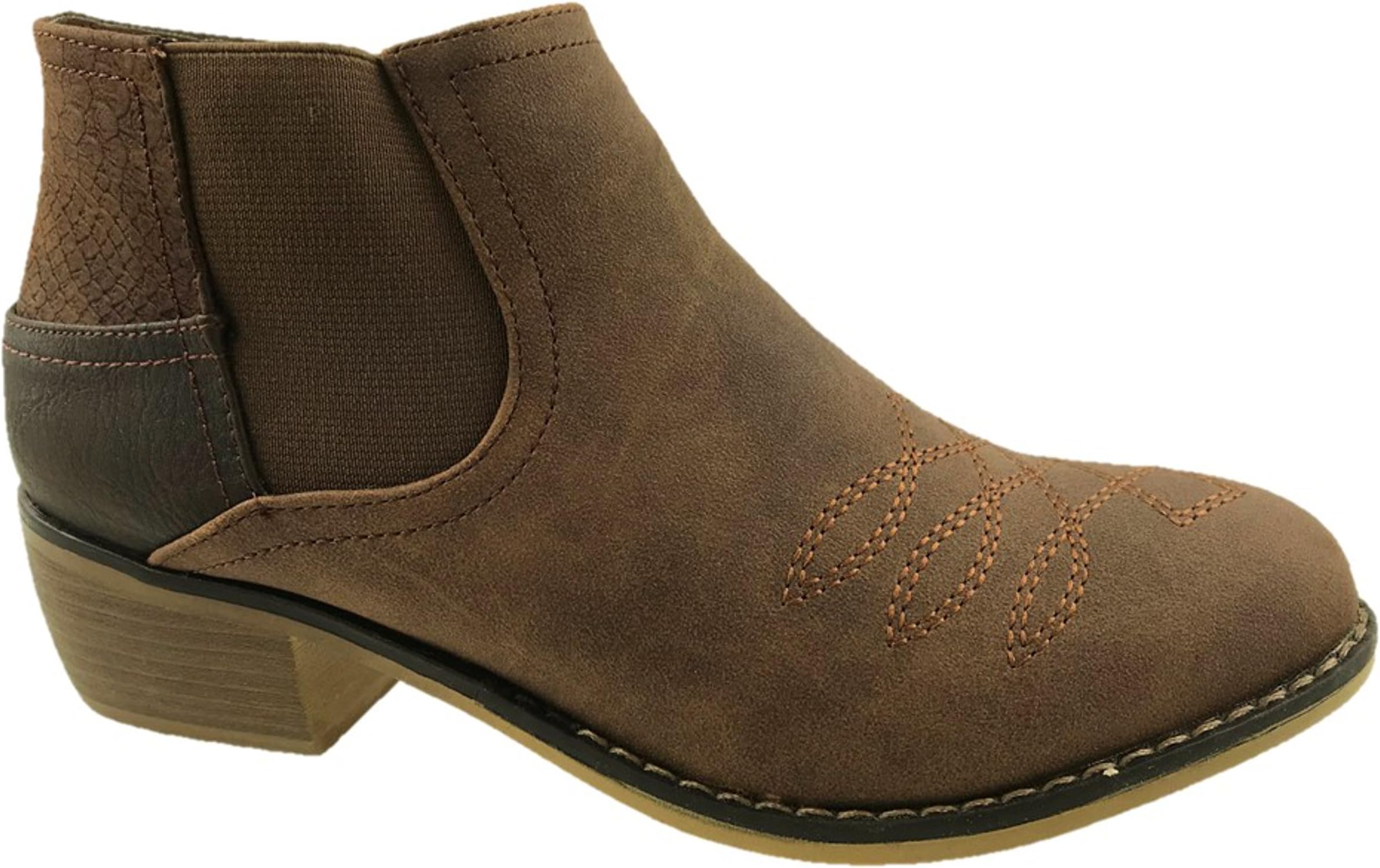 Ladies Faux Leather Pull On Cowboy Ankle Chelsea Boots Brown Block Heel Size 3-9