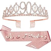 CIEHER 90th Birthday Crown, Sash & Pearl Pin Set - Elegant Decorations & Gifts for Her 90th Fabulous Birthday