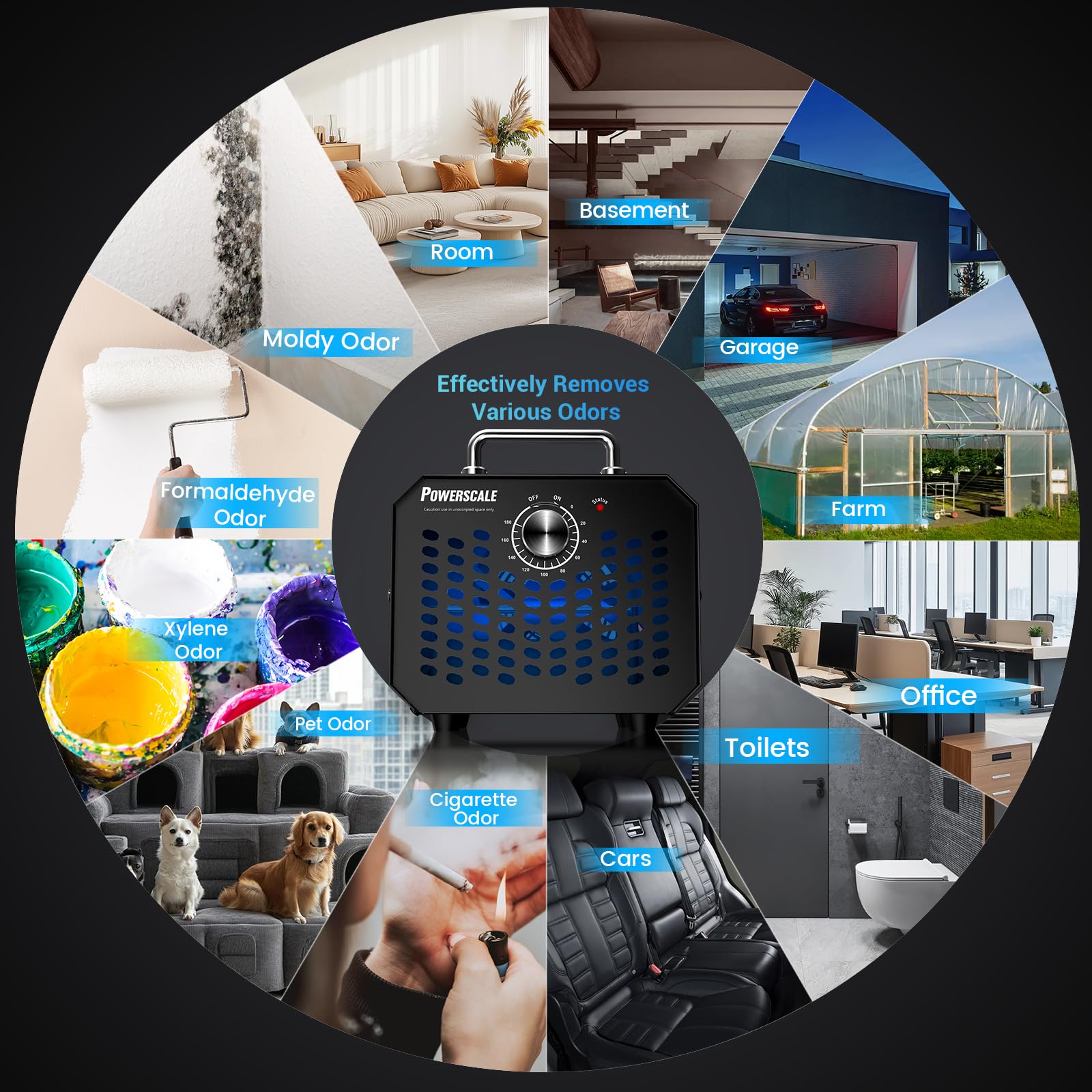 Ozone Generator 60,000 mg/h, Compact, 10s Safety Evacuation, Precision Electronic Control, O3 Odor Eliminator for Home, Car, Pet Smell, and Basement up to 2600 Sq.Ft - OZA1, Black