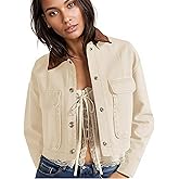 HangNiFang Cropped Barn Jacket for Women 2025 Contrast Collar Outwear Long Sleeve Cotton Short Cargo Jacket with Pockets