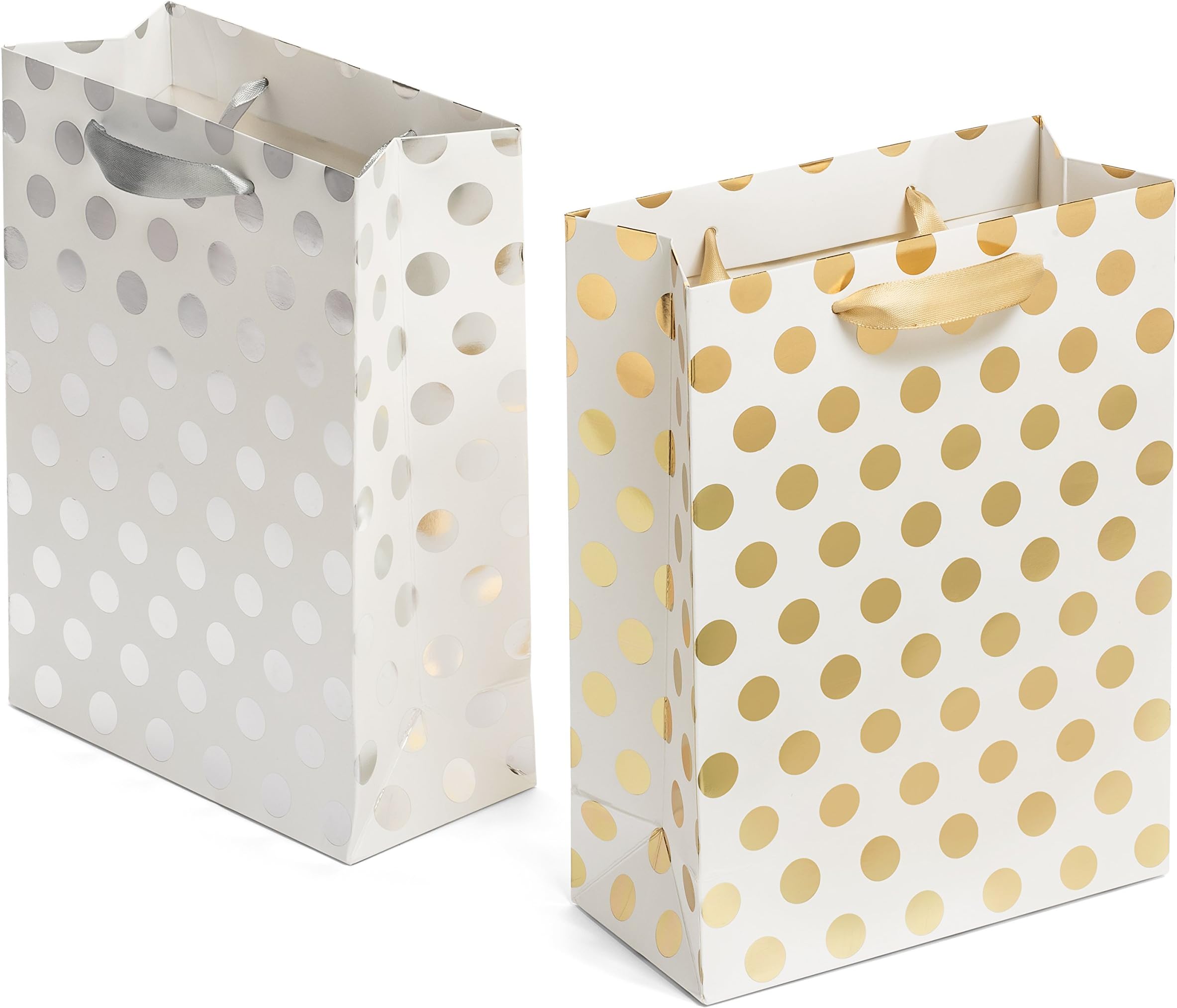 Haute Soiree - Haute Soiree - 12 pack - Medium Sized Gift Bags Set with Ribbon Handles - 6 Gold and 6 Silver Polka Dot Bags Perfect for Weddings, Birthday and Holiday Presents