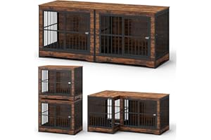 Yafylly 75 Inch Double Dog Crate Furniture with Divider, 4 Combination Forms Large Dog Kennel Furniture with Trays, Rustic Brown Corner Dog Kennel for Small Medium Large Dogs