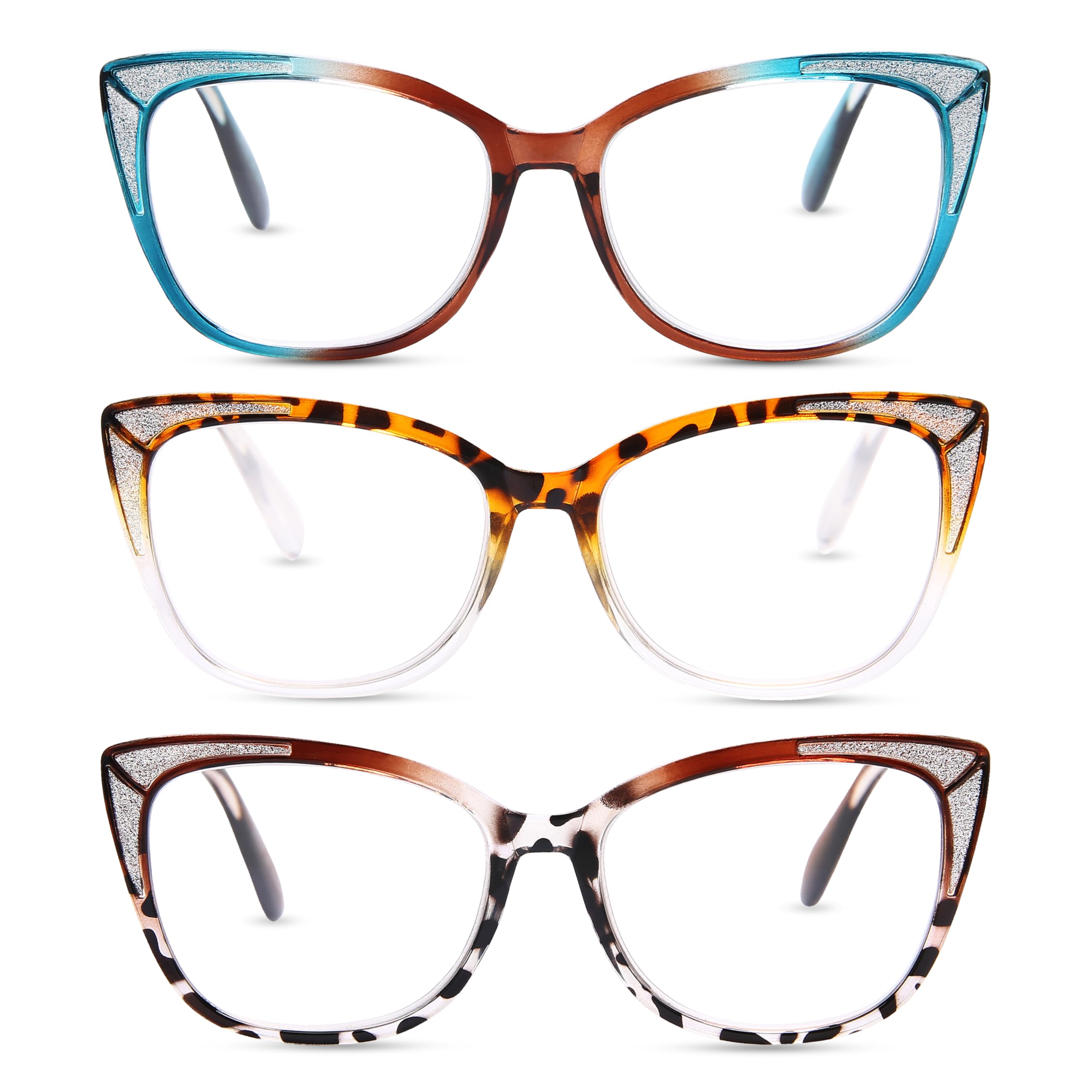 Dolarosey Reading Glasses 3 Pack Women Cat Eye Sparkling Clear Vision Readers (2.0)