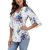 HOCOSIT Women's 3/4 Sleeve Tunic Tops Casual V Neck Dress Shirts Floral Printed Loose Fit Pleated Blouses